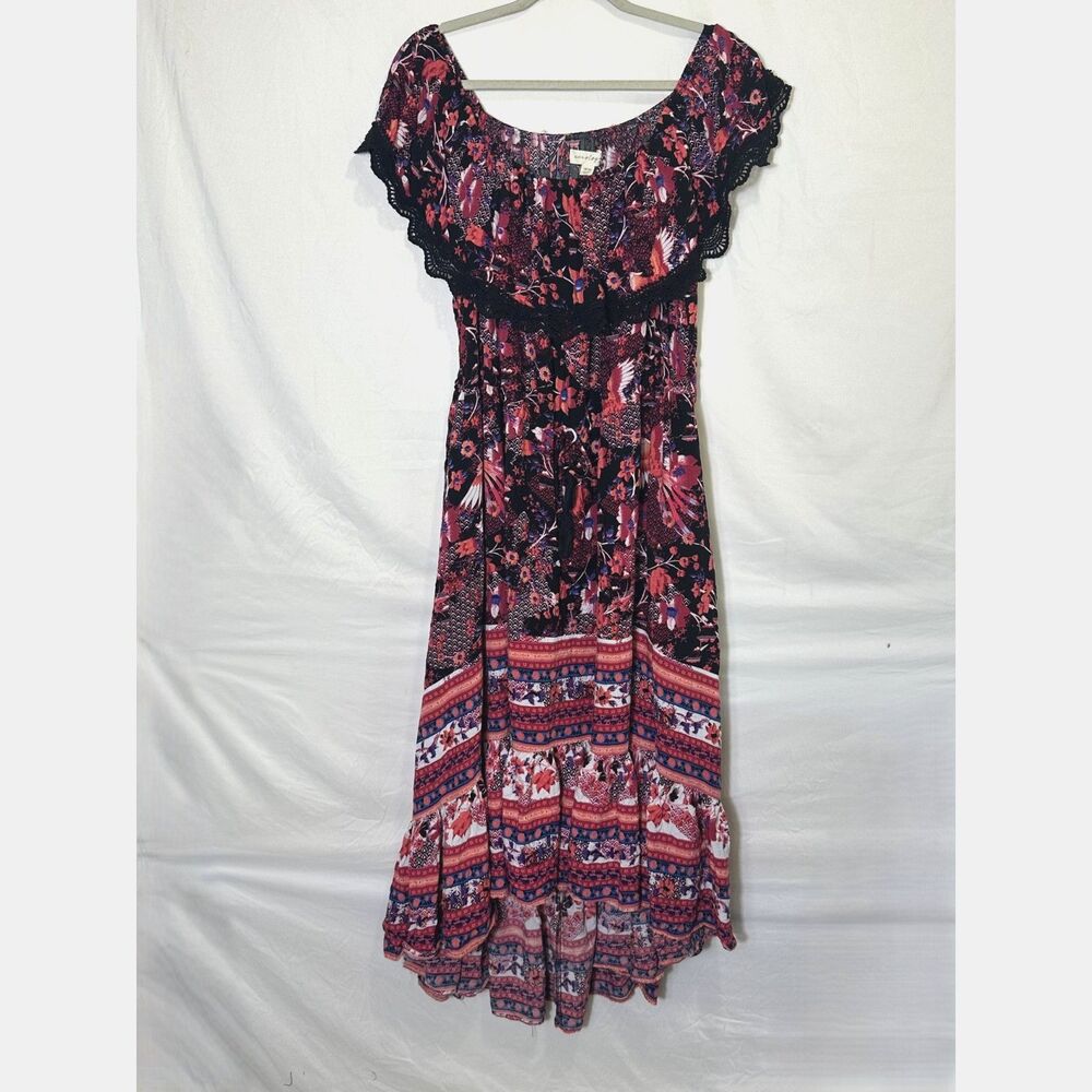 Aveology BOHO Midi Dress Drawstring Waist Floral Bird Design Size 18/20 Hi/Low